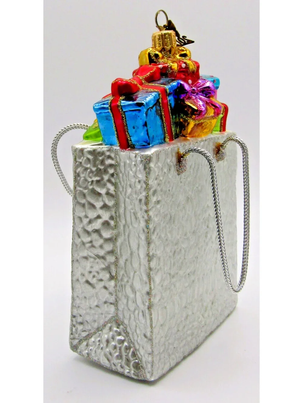 Neiman Marcus 2012 Mercury Glass Shopping Bag Ornament with Green Glass Stand